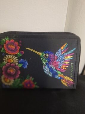 Black Floral Satin Hummingbird Zip Pouch - 5"